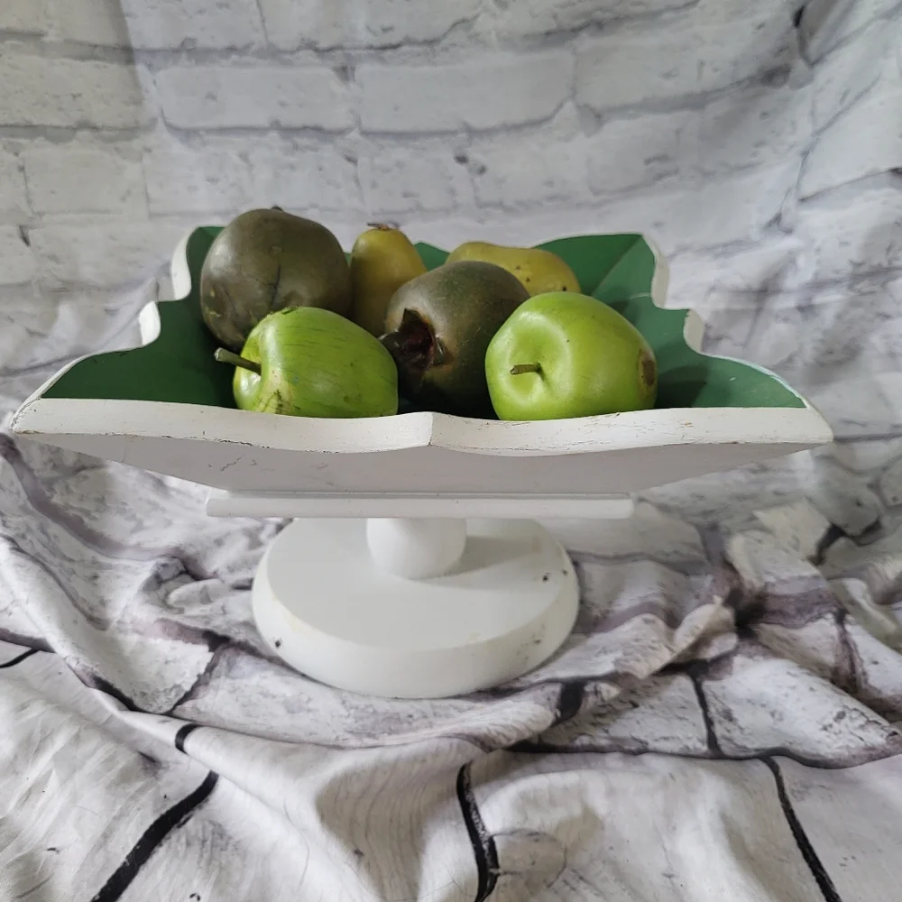 Green and White Decorative Wooden Square Bowl. Vintage.  Fruit included